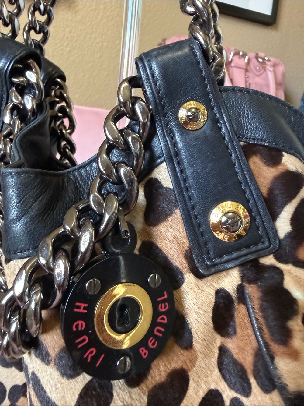 💯Auth! Henri Bendel Calf Hair Leopard Chain Handle Shoulder Bag Blk Leather Trim - Picture 16 of 16